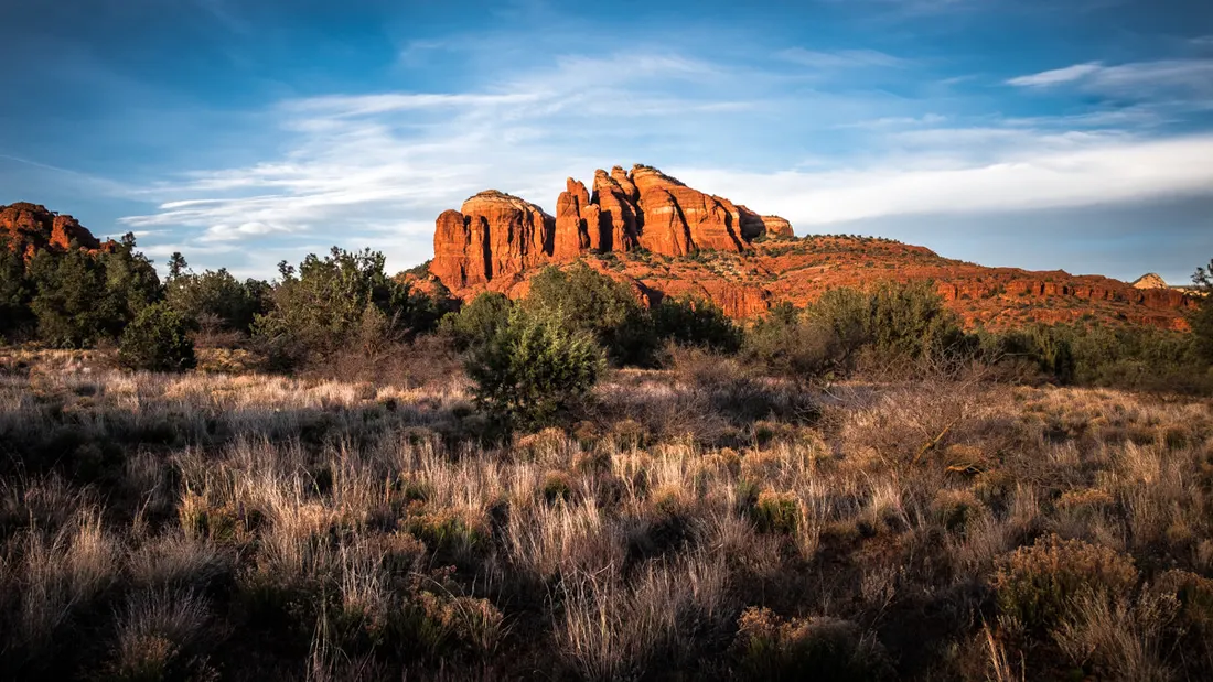 Cathedral Rock rising over red rock desert in Sedona, Arizona