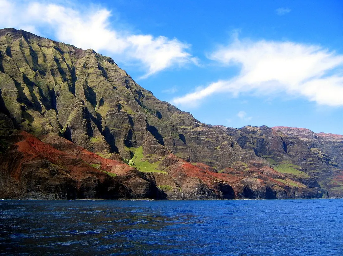 The Napali Coast cliffs meeting the ocean on Kauai, Hawaii